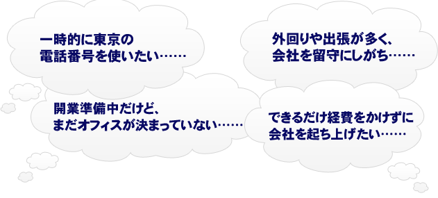 一時的に東京の電話番号を使いたい……外回りや出張が多く、会社を留守にしがち……まだオフィスが決まっていない……できるだけ経費をかけずに会社を起ち上げたい…